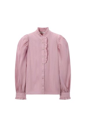 Langärmlige, hellrosa Bluse mit Rüschenkragen, vertikalen Streifen und Knopfverschluss. Puffärmel mit gerafften Manschetten. Weicher Stoff.