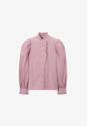 Lichtroze blouse met lange mouwen, een geruite kraag, verticale strepen en knoopsluiting. Pofmouwen met geruite manchetten. Zachte stof.