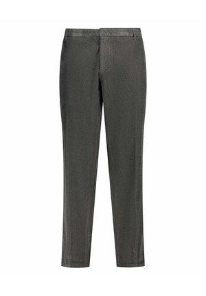 Grijze op maat gemaakte broek, slim fit, met een gladde textuur en minimalistisch ontwerp. Beschikt over een vlakke voorkant, zijzakken en riemlussen.