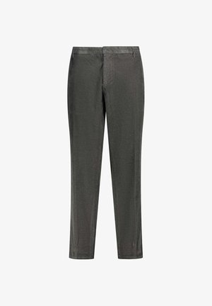 Grijze op maat gemaakte broek, slim fit, met een gladde textuur en minimalistisch ontwerp. Beschikt over een vlakke voorkant, zijzakken en riemlussen.