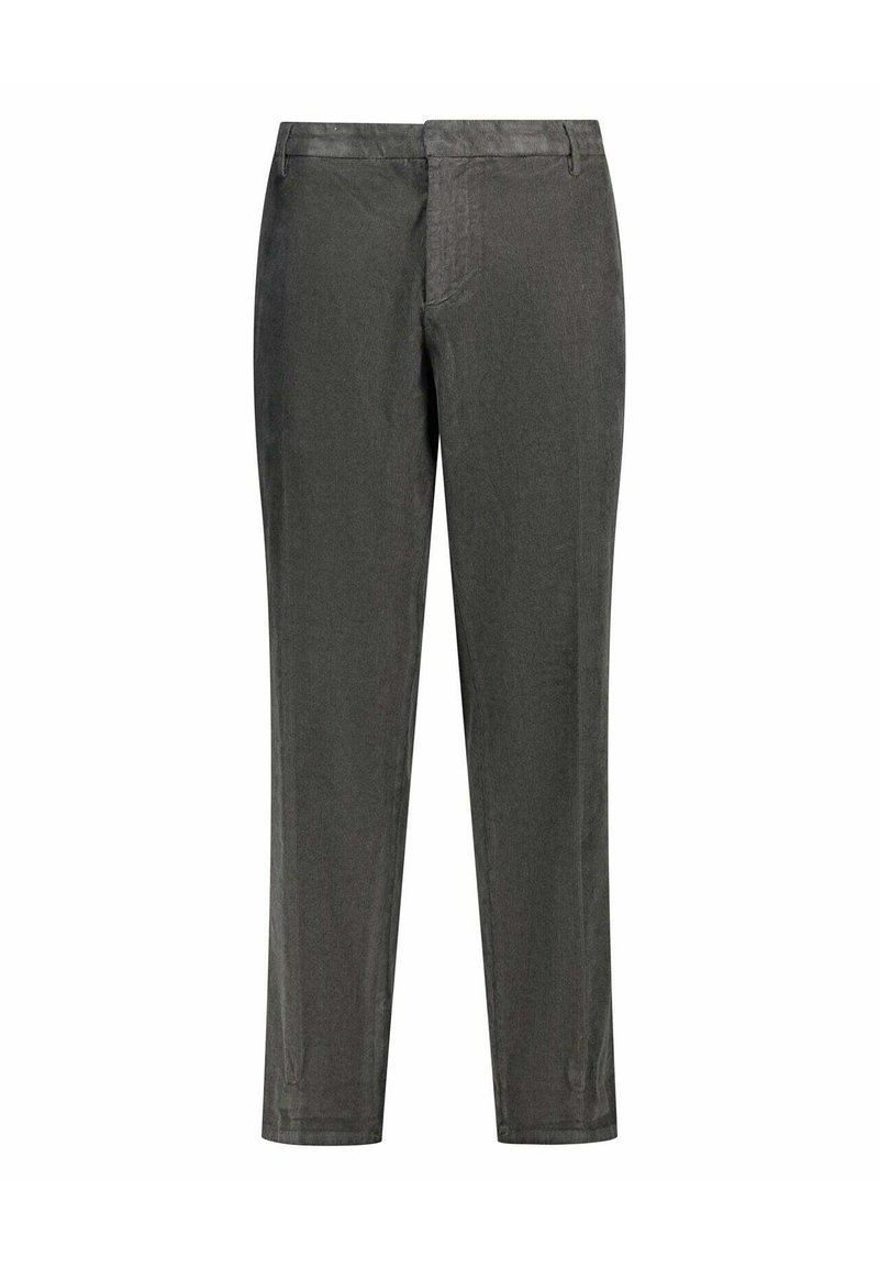 Grijze op maat gemaakte broek, slim fit, met een gladde textuur en minimalistisch ontwerp. Beschikt over een vlakke voorkant, zijzakken en riemlussen.