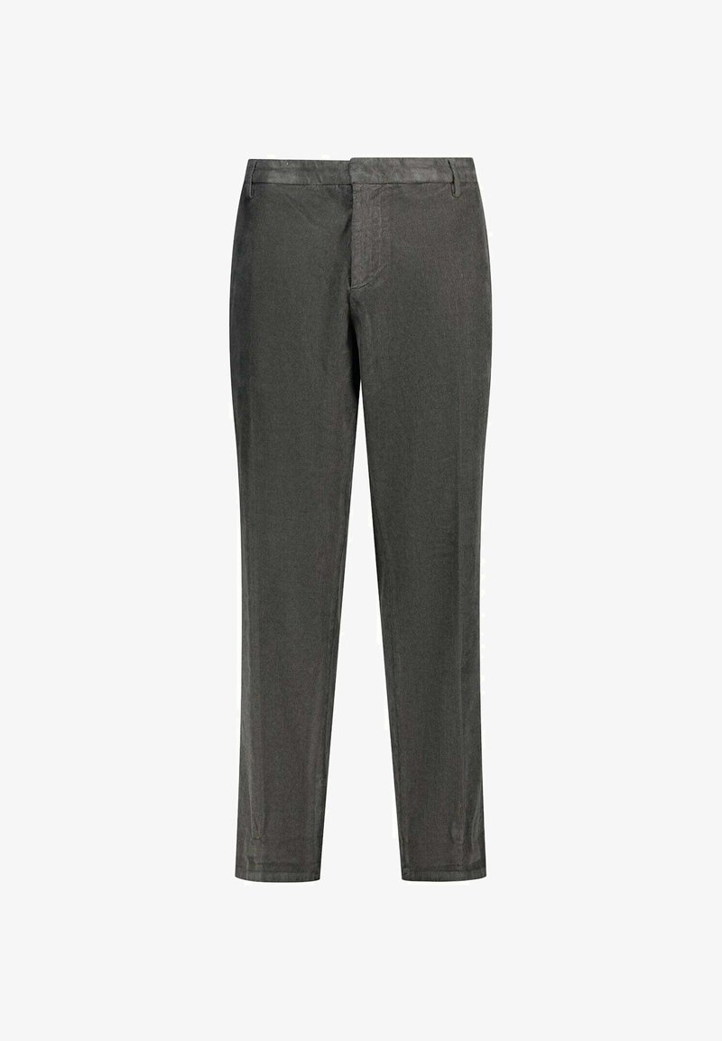 Pantalons gris ajustés, coupe slim, avec une texture lisse et un design minimaliste. Dotés d'une taille plate, de poches latérales et de passants de ceinture.