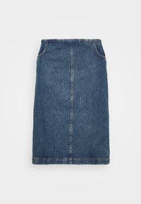 Džínová sukně s rovným střihem, tmavě modré barvy a vybledlou texturou. Obsahuje poutka na opasek a přední kapsy s viditelnými švy.