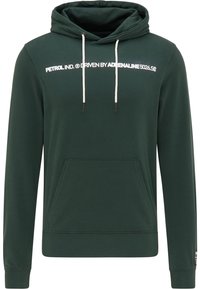 Felpa verde con cappuccio e lacci, tasca frontale e testo stampato bianco. Realizzata in tessuto morbido con polsini e orlo a costine.