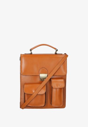 Sac en cuir tan avec une forme plate, une poignée supérieure unique, une bandoulière réglable, un fermoir à l'avant et deux poches magnétiques en accent. Texture lisse.