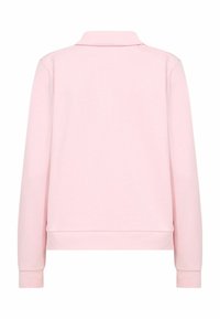 Svetloružová mikina s golierom, dlhými rukávmi a rebrovanými manžetami. Hladká textúra, jednofarebná, zadný pohľad bez ďalších detailov.