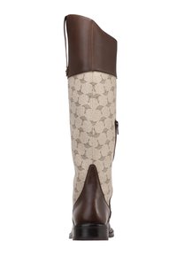 Stivale da equitazione in pelle marrone e tessuto stampato, con gambale alto, zip laterale e tacco rinforzato. Caratterizzato da un design testurizzato.