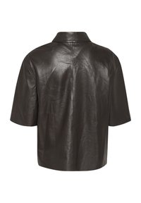 Short-sleeve, collared jacket in smooth black leather. Features a tailored fit with a central seam and minimalist design.