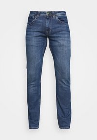 Herrarnas slim-fit blå denimjeans med klassisk femficksdesign och knappstängning, uppställda mot en vit bakgrund.