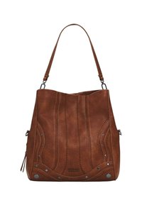 Braune Lederhandtasche mit Schultergurt, dekorativer Stickerei, metallischen Nieten und kursivem "Desigual"-Logo in der Mitte vorne.