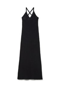 Abito lungo in maglia nera con un motivo a zigzag, dotato di una profonda scollatura a V e spalline incrociate. Il materiale sembra traspirante e testurizzato.