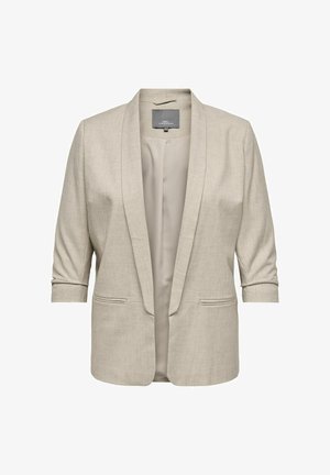Blazer beige con collo a scialle, maniche a tre quarti e due tasche frontali. Presenta un tessuto liscio e testurizzato. Fodera interna visibile.