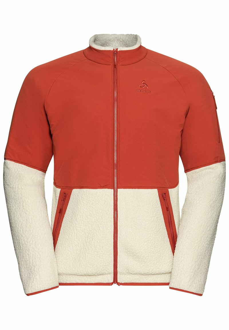 Rote und cremefarbene Jacke mit einem Reißverschluss auf der Vorderseite, die im unteren Bereich eine weiche Fleece-Oberfläche und im oberen Bereich einen glatten Stoff aufweist.