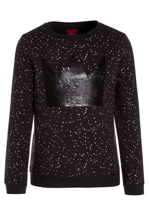 Czarna bluza z wzorem srebrnych kropek, z przodu zdobiona cekinową koroną. Długie rękawy i ściągacze przy mankietach.