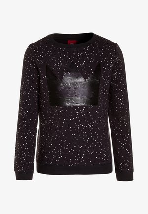 Sort sweatshirt med sølvprikket mønster og et palietkrone-design på forsiden. Lange ærmer og ribbekanter.