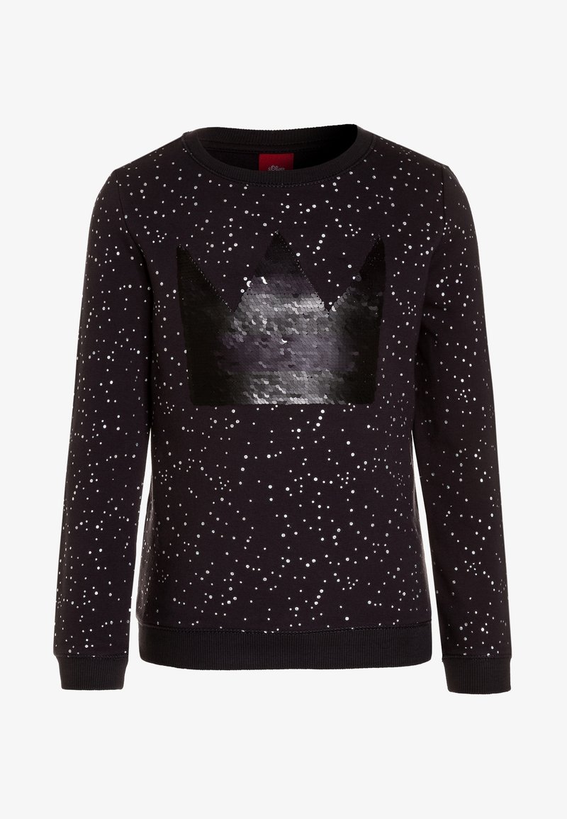 Sweat-shirt noir avec motif de points argentés, présentant un design de couronne en sequins sur le devant. Manches longues et poignets côtelés.