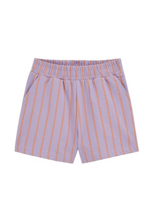Pantaloni scurți mov cu dungi verticale portocalii, talie elastică și buzunare laterale, confecționați din țesătură texturată.