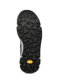 Suola in gomma nera con lugs triangolari per la trazione, con logo Vibram giallo e un accento laterale grigio.