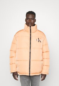 Giacca puffer color pesco con colletto alto, chiusura con zip e dettaglio del logo. Presenta sezioni trapuntate e una vestibilità comoda.
