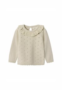 Strickpullover in hellbeige mit einem Rüschensaum, der kleine Löcher für ein Muster aufweist, sowie gewellten Säumen an den Enden der Ärmel und am unteren Saum. Knopfverschluss auf der Rückseite.