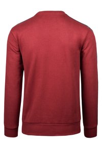 Red sweatshirt with long sleeves, ribbed cuffs and hem, featuring black side stripes and a round neckline. Smooth fabric texture.