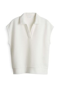 Maglietta bianca a maniche corte, in maglia texturizzata a boucle, con un collo morbido a camicia. Presenta una vestibilità rilassata e un bordo a costine.