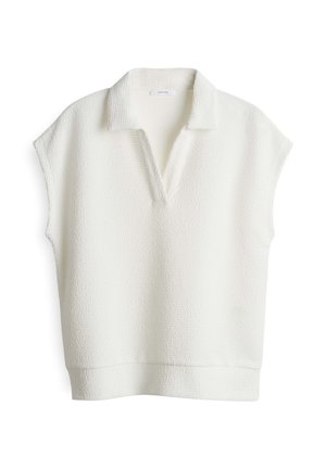 Short-sleeve, white pullover top with a textured, looped fabric, and a soft collared neckline. Features a relaxed fit and ribbed hem.