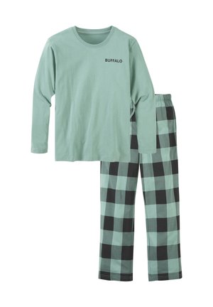 Langärmeliges hellgrünes Pyjamaoberteil mit dem Text "BUFFALO" und passenden grün-schwarz karierten Pyjamahosen.