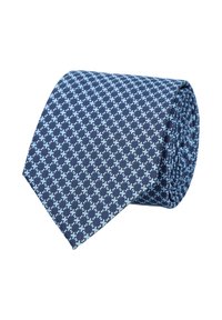 Granatowy krawat z geometrycznym jasnoniebieskim wzorem, wykonany z gładkiego materiału, z ostrym końcem i zwiniętą formą.