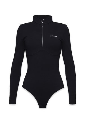 Černý dlouhý rukáv body s vysokým límcem, předním zipem do poloviny, tvarovaným švem na dekoltu a logem "LAMANIA" na levém prsu.