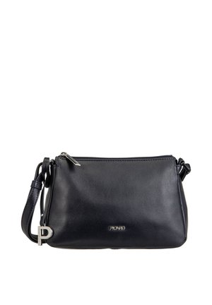 Black leather crossbody bag with a smooth texture, zip closure, adjustable strap, and a silver hardware accent featuring a 'P' charm.