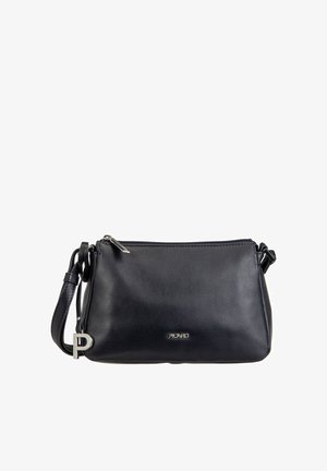 Black leather crossbody bag with a smooth texture, zip closure, adjustable strap, and a silver hardware accent featuring a 'P' charm.