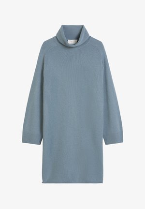 Lichtblauwe gebreide sweaterjurk met een hoge hals, geribde manchetten en een relaxed fit. Gemaakt van zacht, textuurstof.