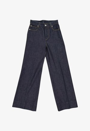 Dunkelblaue Jeans mit weitem Bein, vorne mit Knopf- und Reißverschluss, vorderen Taschen und Gürtelschlaufen.