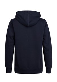 Navyblauwe hoodie met een trekkoord in de capuchon, lange mouwen en ribgebreide manchetten, gemaakt van zachte, gestructureerde stof. De achterkant toont schone naden.