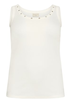 Witte mouwloze tanktop met een geribbelde structuur, ronde halslijn versierd met decoratieve studs langs de bovenrand. Zachte, aansluitende pasvorm.