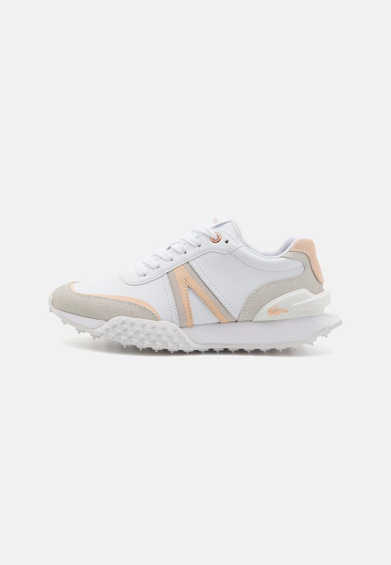 White athletic shoes with a mixed material design featuring pink accents, textured sole, and a light grey suede panel.