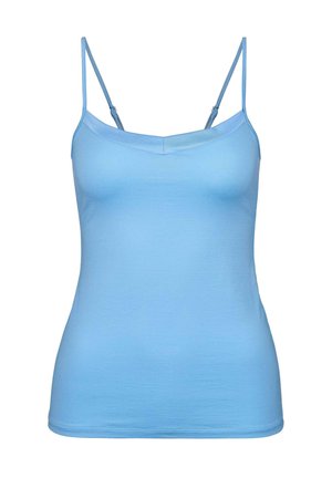 Canotta azzurro chiaro con spalline sottili regolabili, scollatura a V e una texture liscia e aderente. Design minimalista senza fantasie.