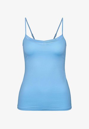 Canotta azzurro chiaro con spalline sottili regolabili, scollatura a V e una texture liscia e aderente. Design minimalista senza fantasie.