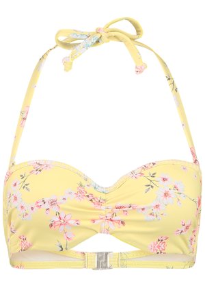 Gelbes Floral-Bikini-Oberteil mit Halterhalsbändern, geraffter Vorderseite und einem klaren Plastikverschluss. Es hat ein Muster aus rosa und blauen Blumen auf einem glatten Stoff.