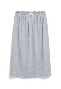 Gray, elasticated skirt with gathered top edge. Made of soft fabric, knee-length design, featuring simple, smooth texture.
