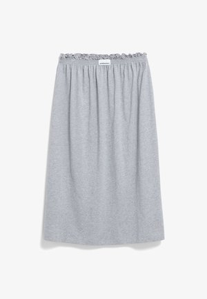 Grijze, elastische rok met een geraffineerde bovenrand. Gemaakt van zachte stof, knielange uitvoering met een eenvoudige, gladde textuur.