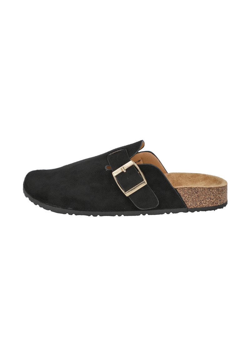 Zapato negro de ante sin cordones con punta redondeada, suela de corcho y detalle de hebilla lateral. Cuenta con un exterior texturizado y un forro interior suave.