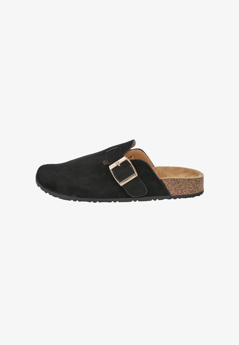 Zapato negro de ante sin cordones con punta redondeada, suela de corcho y detalle de hebilla lateral. Cuenta con un exterior texturizado y un forro interior suave.
