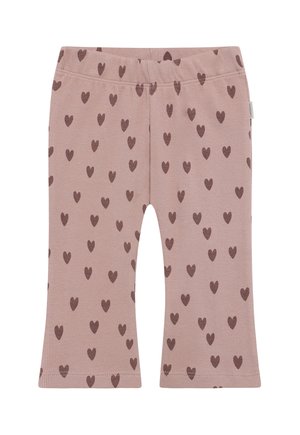 Pantalon rose côtelé pour enfants avec motifs de cœur brun foncé et ceinture élastique, présenté sur fond blanc.