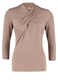 Taupe Langarmoberteil mit 3/4-Ärmeln und einem gerafften, überlappenden, drapierten Ausschnitt, glattes Material, taillierte Silhouette.