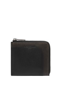 Czarny skórzany portfel o gładkiej fakturze, z zapięciem na zamek i wytłoczonym logo z przodu. Prostokątny kształt z zaokrąglonymi krawędziami.