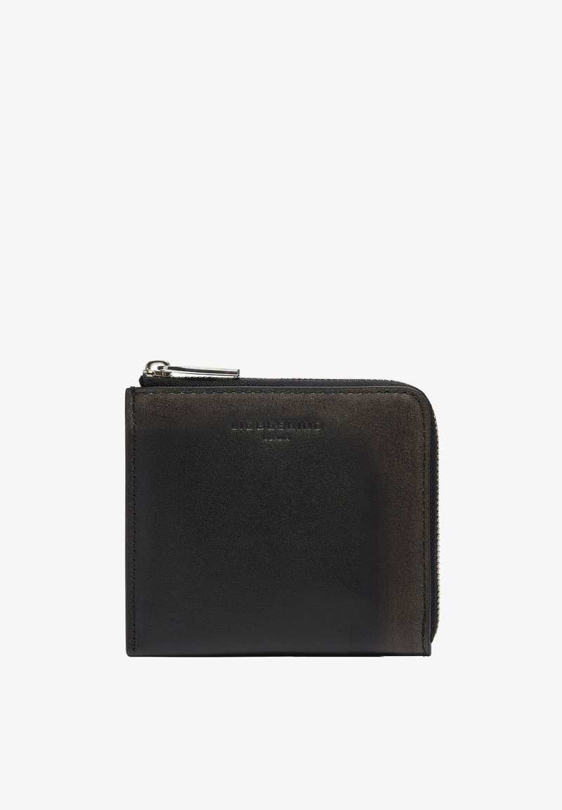 Czarny skórzany portfel o gładkiej fakturze, z zapięciem na zamek i wytłoczonym logo z przodu. Prostokątny kształt z zaokrąglonymi krawędziami.