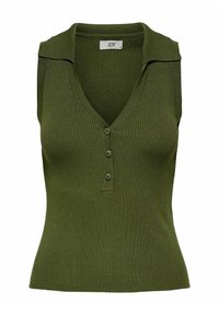 Top senza maniche di un verde oliva con texture a coste, scollo a V, patta con tre bottoni e design con colletto ripiegato.