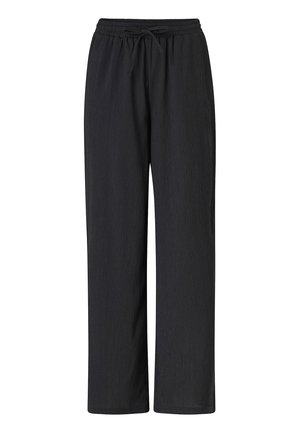 Schwarz strukturierte Hose mit lockerem Sitz, elastischem Bund und vorderer Kordelzugverschluss.